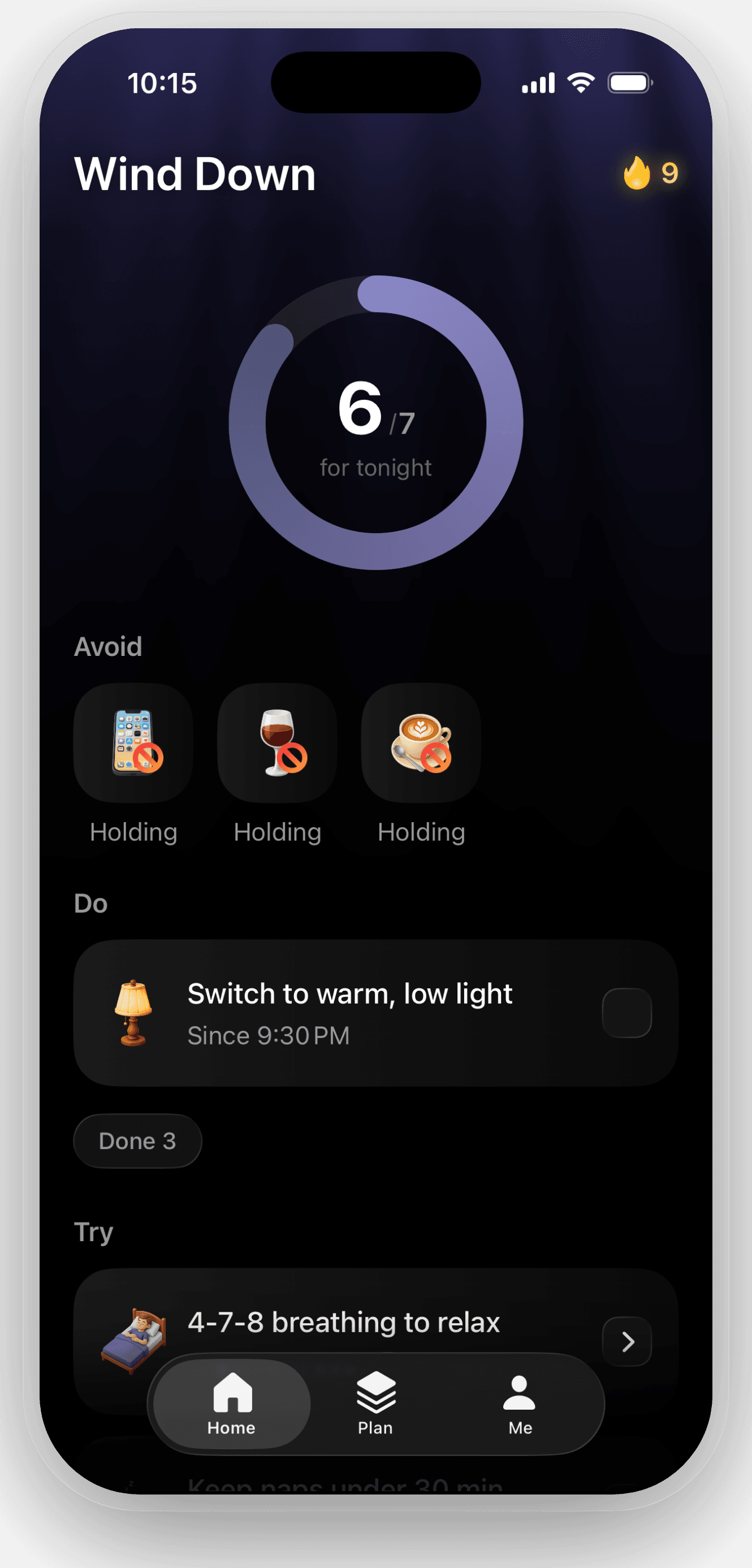 SleepPro app — the Wind Down home screen